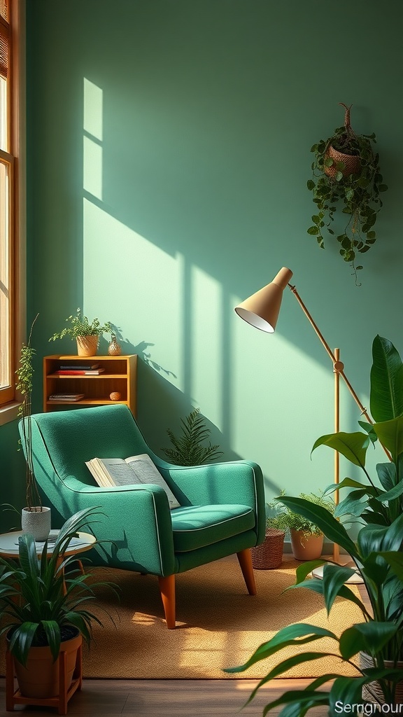 A cozy reading nook featuring a green chair, plants, and a bookshelf.
