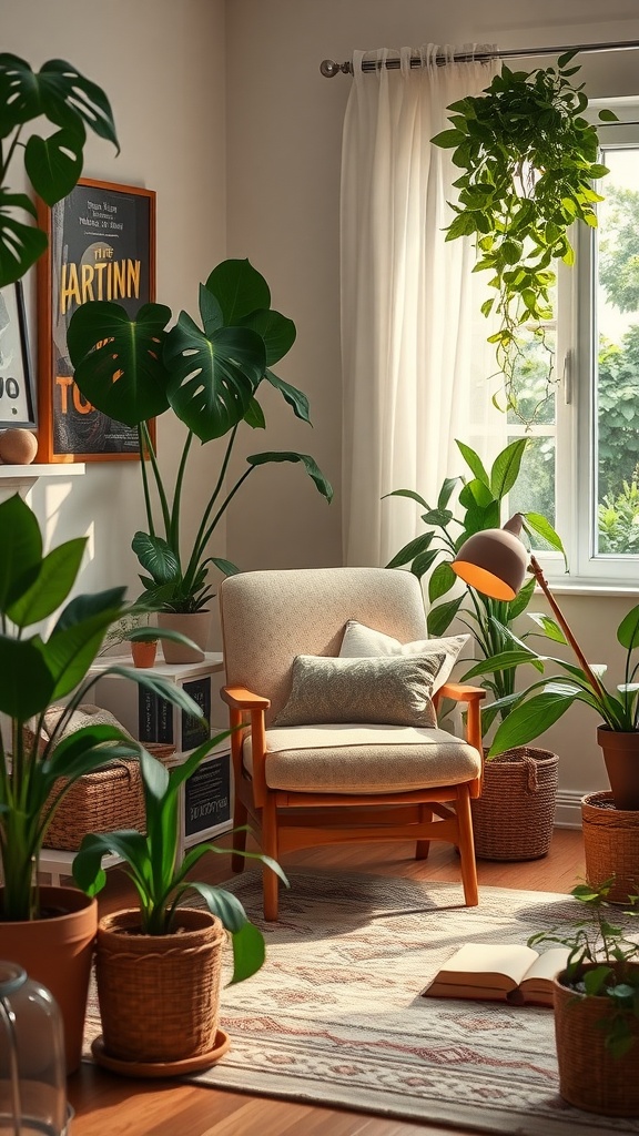 Cozy reading nook with a chair, plants, and natural light.