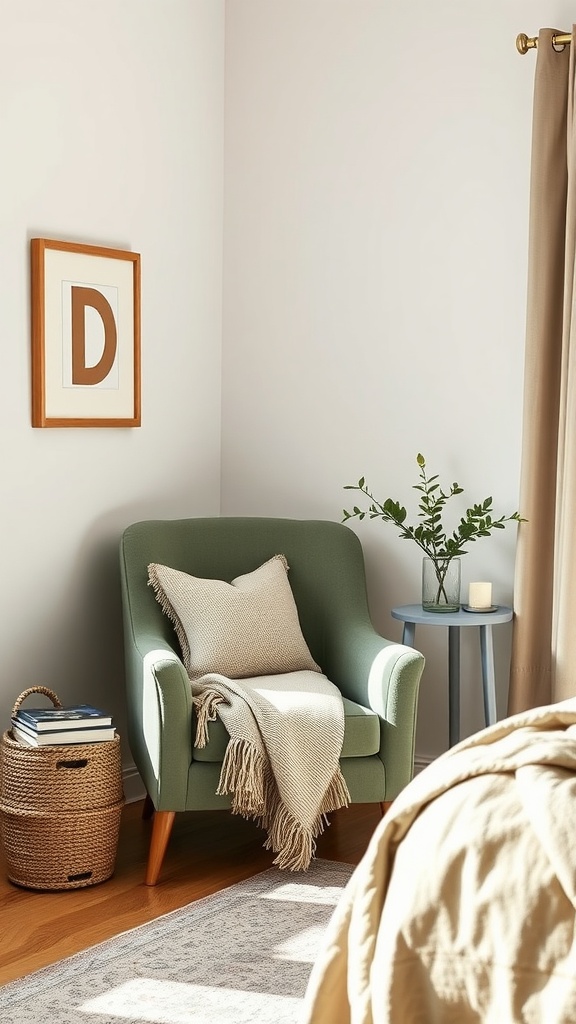 Cozy reading nook with a green chair, blanket, and side table in a sage green bedroom.