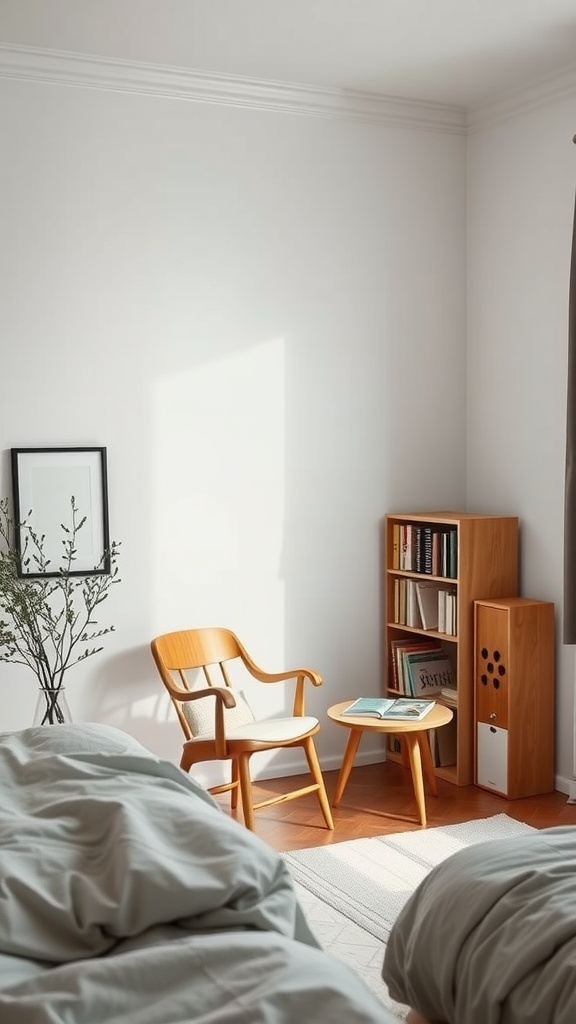 A cozy reading nook in a minimalist bedroom featuring a wooden chair, small table, and bookshelf.