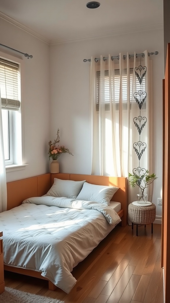 Cozy studio apartment sleeping area with a bed, curtains, and a side table