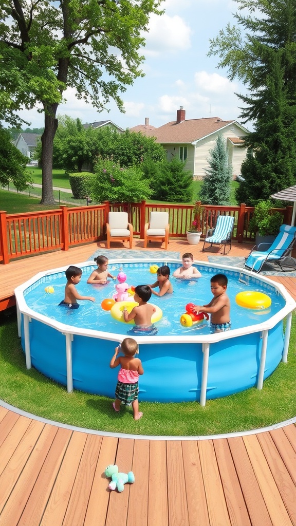 Children playing in an above-ground pool with a deck, surrounded by chairs and greenery.