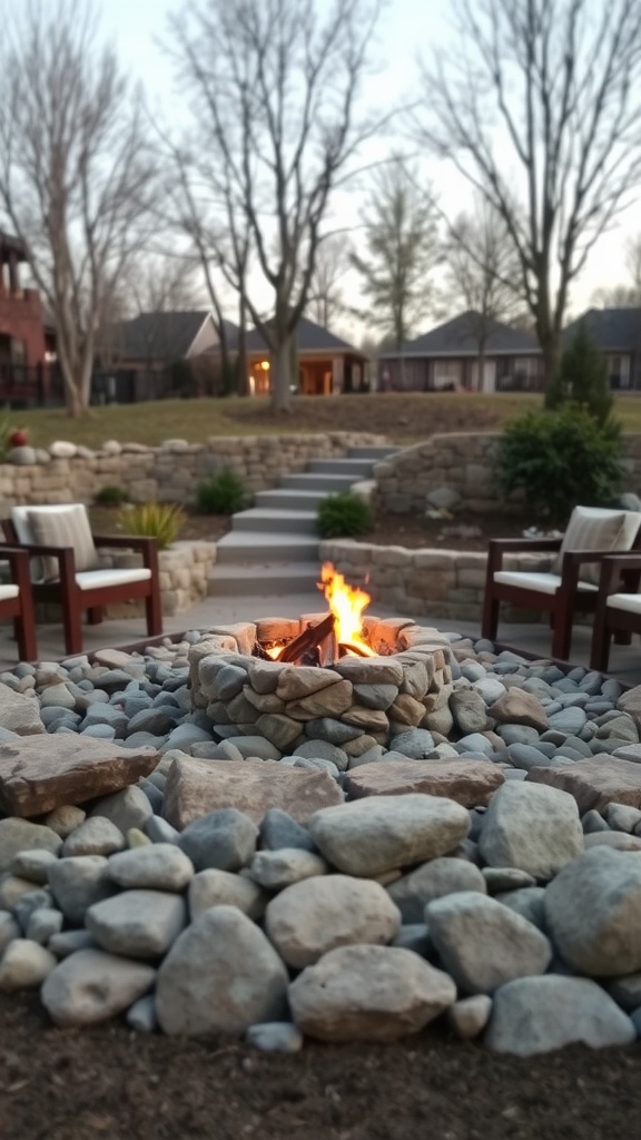 A fire pit area surrounded by rocks, with flames and seating around it.