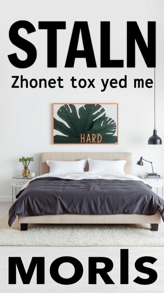 A cozy modern bedroom featuring a bed with gray bedding, a piece of art above it, and stylish lighting.