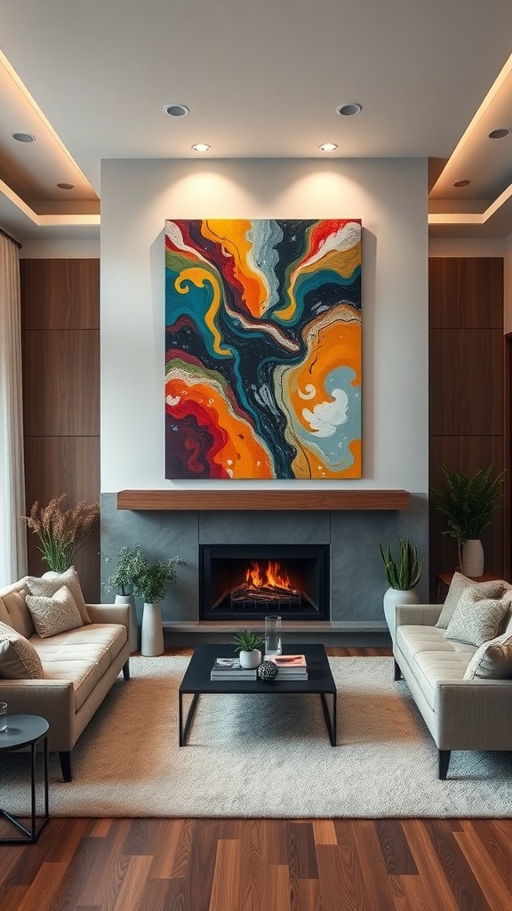 A modern living room featuring abstract art above a fireplace, with two sofas and a coffee table.