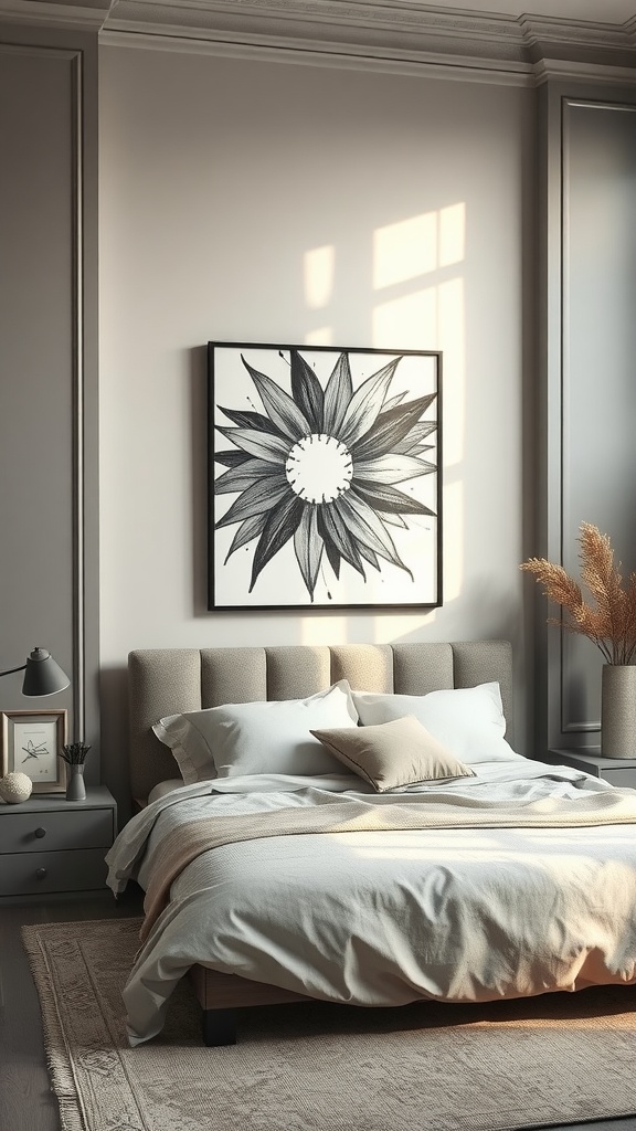 A cozy gray and beige bedroom featuring a large black and white floral painting above the bed.
