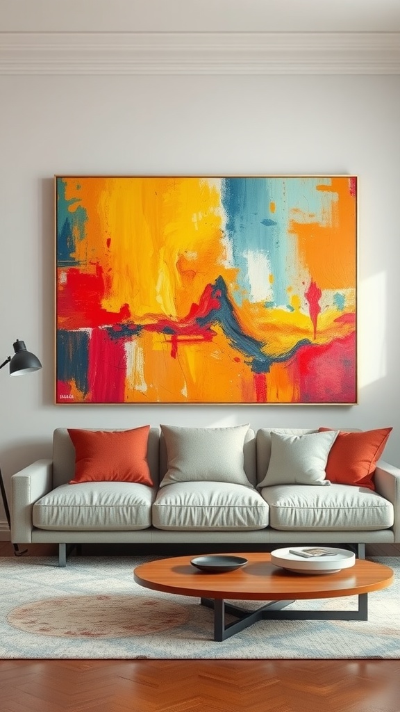 Abstract colorful painting above a light gray sofa with orange cushions in a bright living room.
