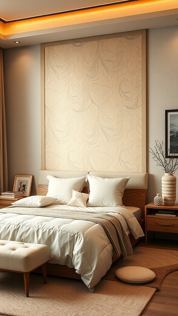 A beige and brown bedroom featuring a large textured artwork above the bed, creating a focal point.