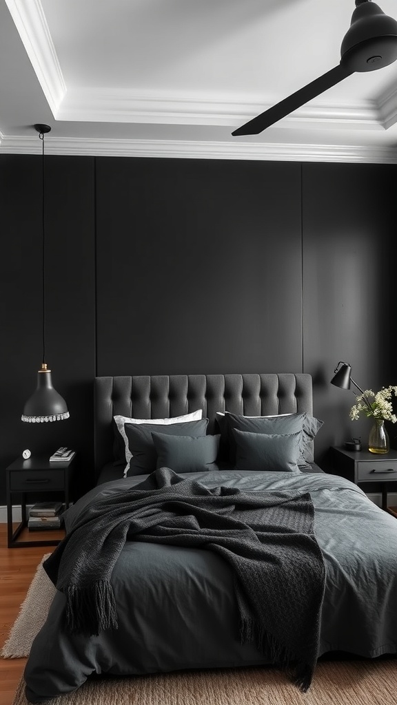 A stylish black and blue bedroom featuring a tufted headboard, layered bedding, and modern lighting.