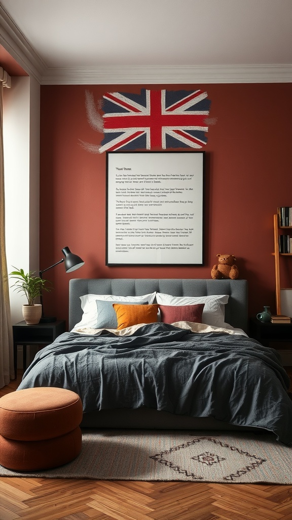 A moody bedroom featuring a Union Jack wall art, gray bedding, colorful cushions, and a cozy ottoman.