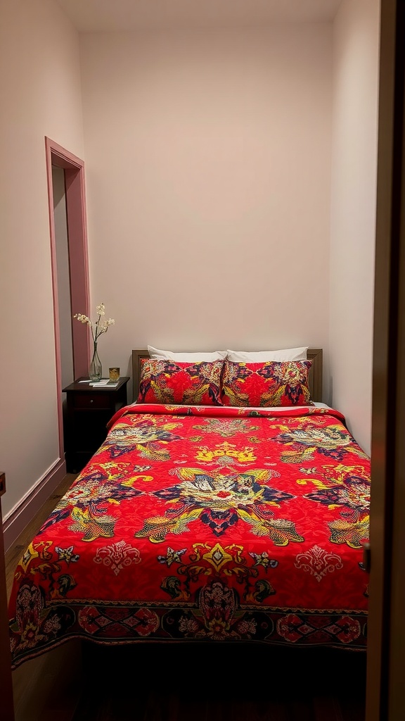 A narrow bedroom featuring a vibrant red bedding set with intricate patterns, creating a focal point in the small space.