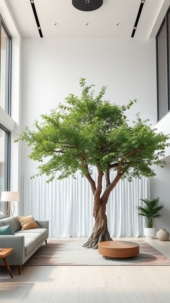 A spacious living room featuring a large indoor tree, a cozy sofa, and a round coffee table.