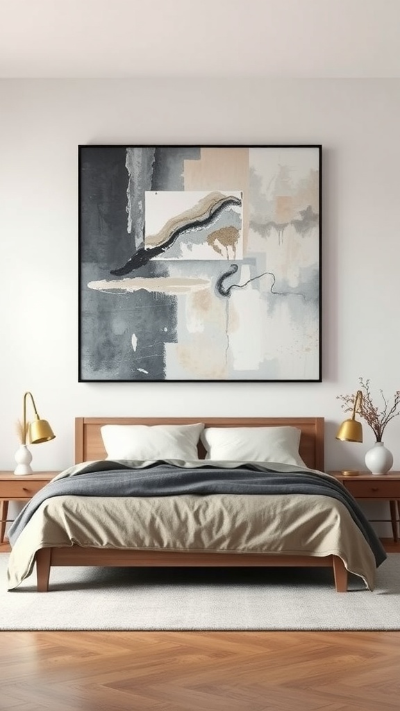 Minimal bedroom with a focal abstract art piece above the bed