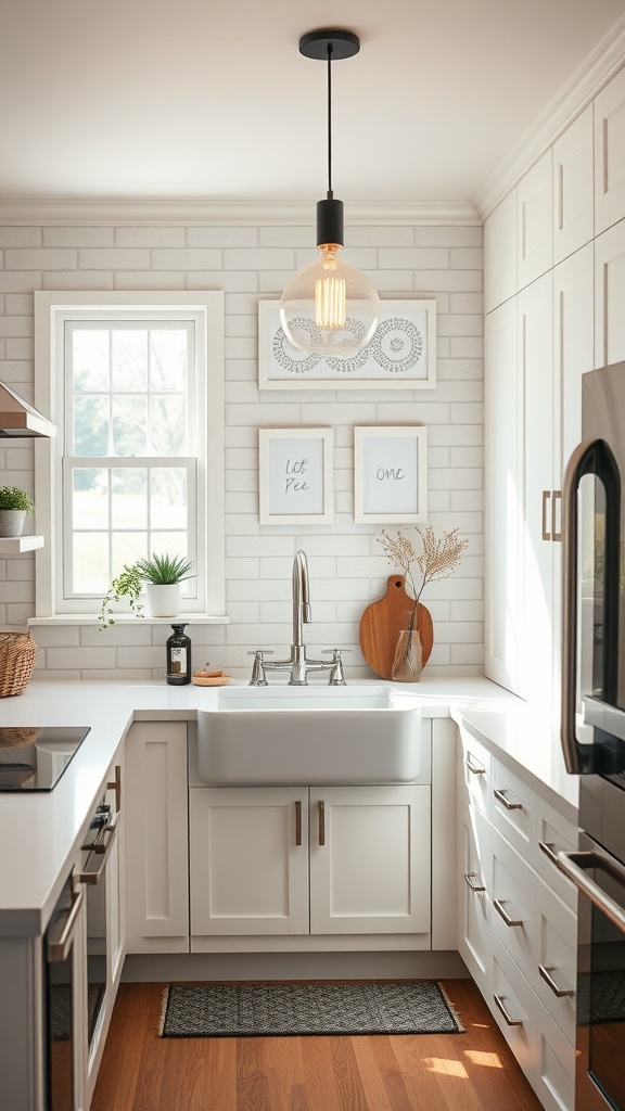A modern cozy kitchen with a stylish hanging light fixture, white cabinetry, and framed wall art.