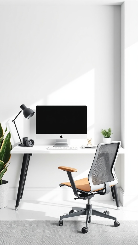 A minimalist home office setup featuring a white desk, a monitor, a stylish chair, and a potted plant.