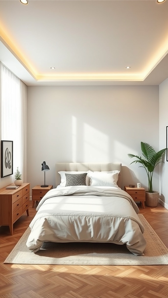 A stylish and cozy bedroom featuring a central bed, wooden nightstands, a plant, and natural light.