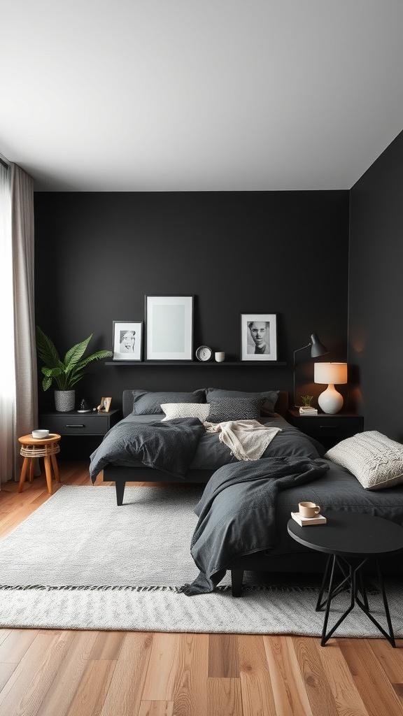 A modern black bedroom featuring two beds, black furniture, a stylish rug, and decorative elements.