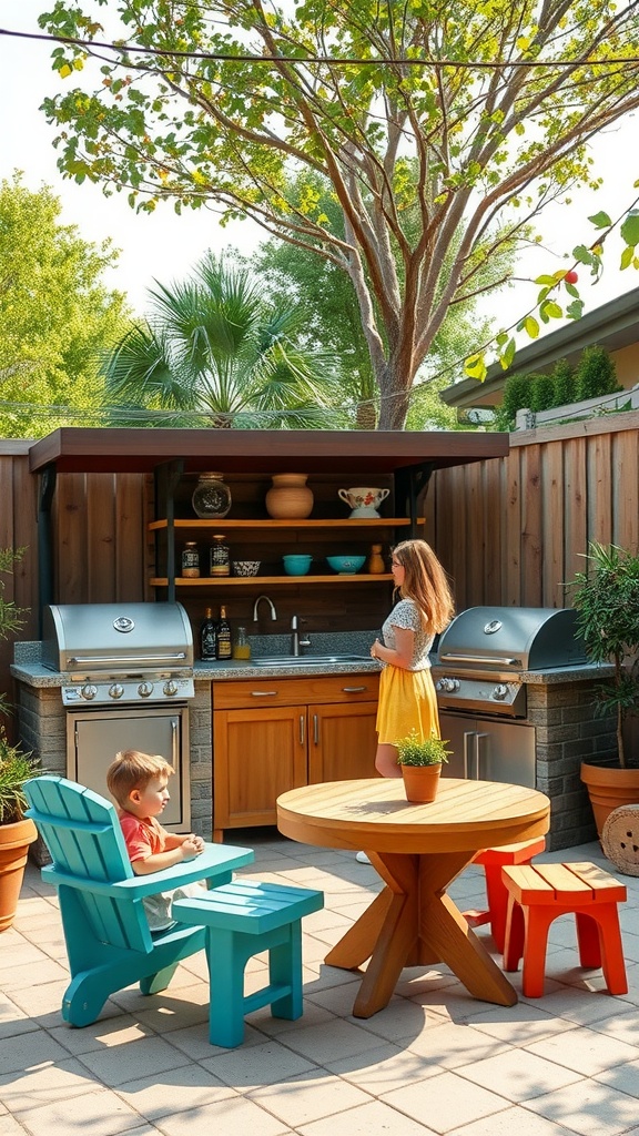 An outdoor kitchen on a deck featuring a grill and a child-friendly seating area with colorful chairs.
