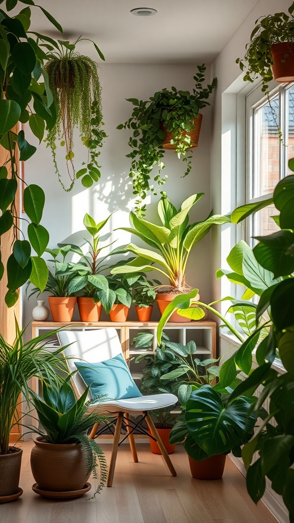 Cozy indoor plant corner with various plants in pots and a chair