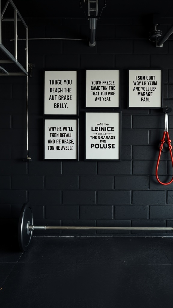 A black garage gym featuring motivational quotes on the wall, with a barbell and workout equipment.