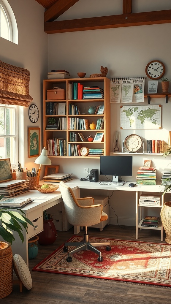 A cozy hobby room featuring a desk, bookshelf, and plants, designed for multi-functional use.