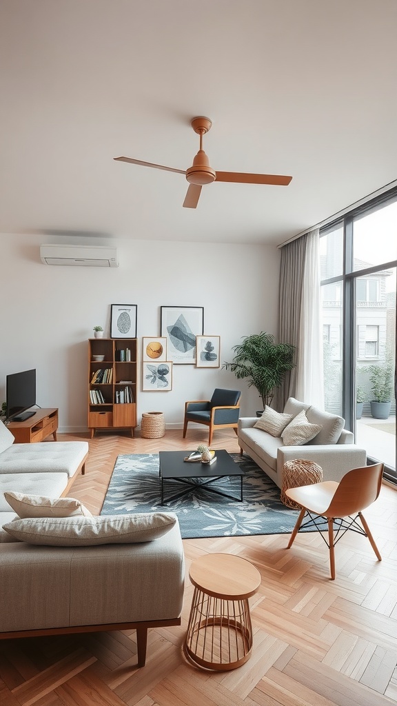A modern living room with a light-colored sofa, wooden furniture, and large windows.