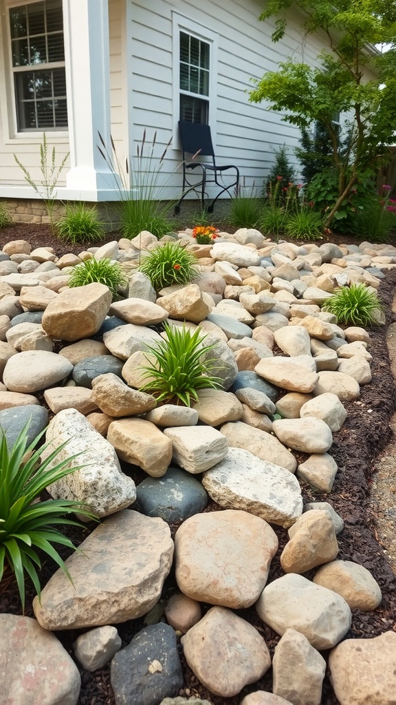 Rock beds with plants around a house