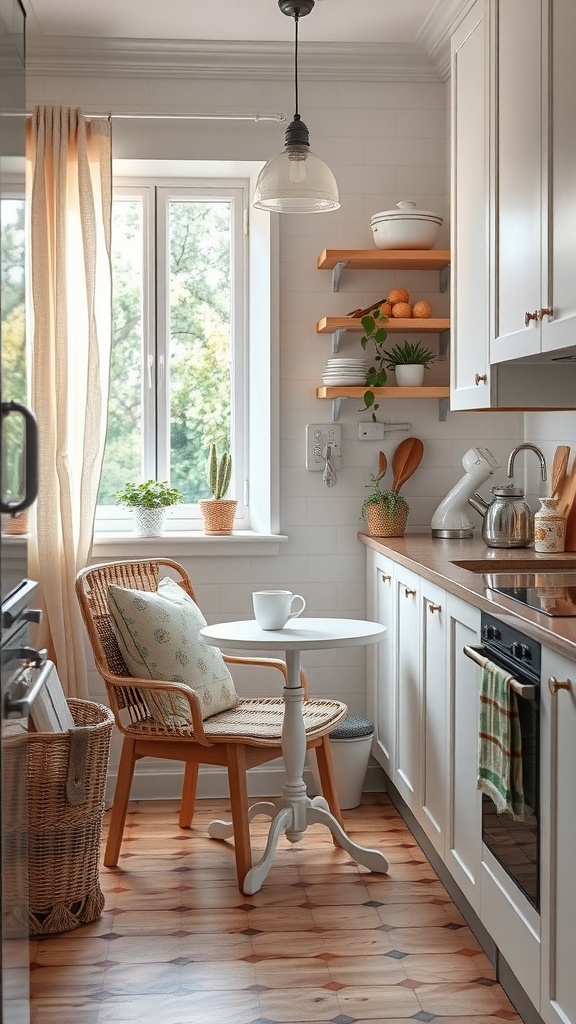 A cozy kitchen nook with a small round table and a wicker chair by a window, surrounded by plants and decorative shelving.