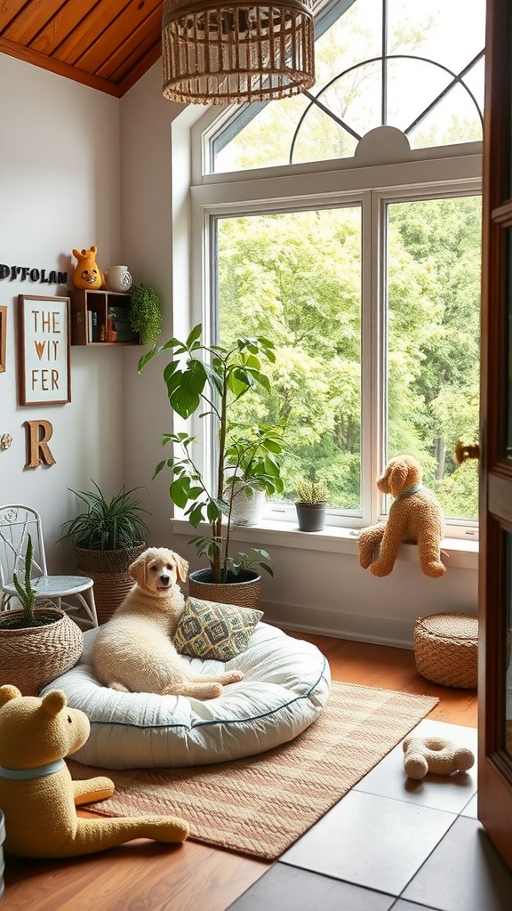 Cozy sunroom with a dog bed, plants, and soft toys, creating a pet-friendly corner