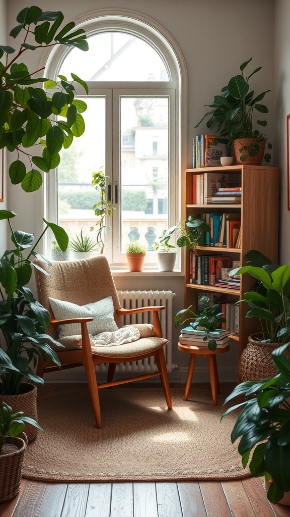 A cozy living room corner with a chair, plants, and a bookshelf, creating a relaxing atmosphere.