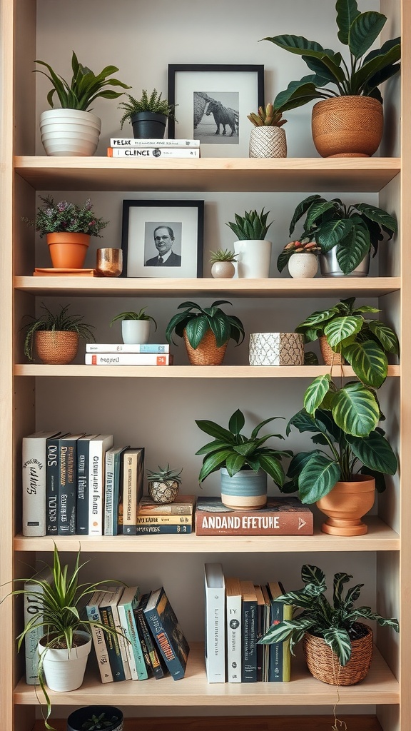A well-styled shelf with various indoor plants, books, and framed photos.