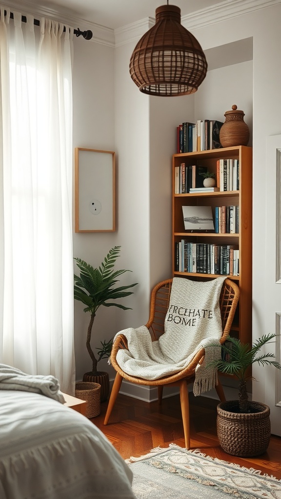 A cozy reading nook featuring a rattan chair with a blanket, a bookshelf filled with books, and decorative plants.