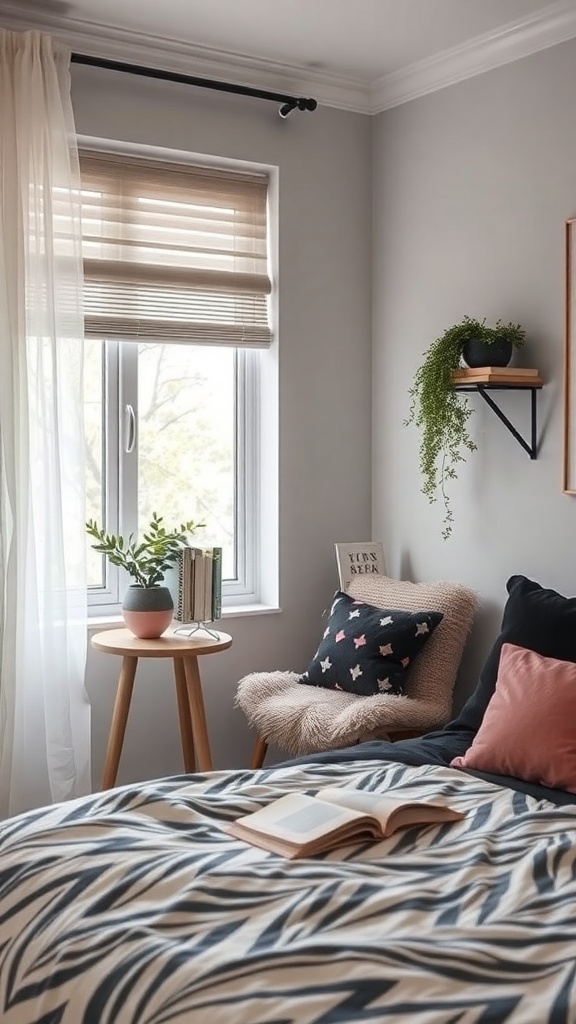 Cozy reading nook in a black, pink, and grey bedroom with a chair, side table, and plants.
