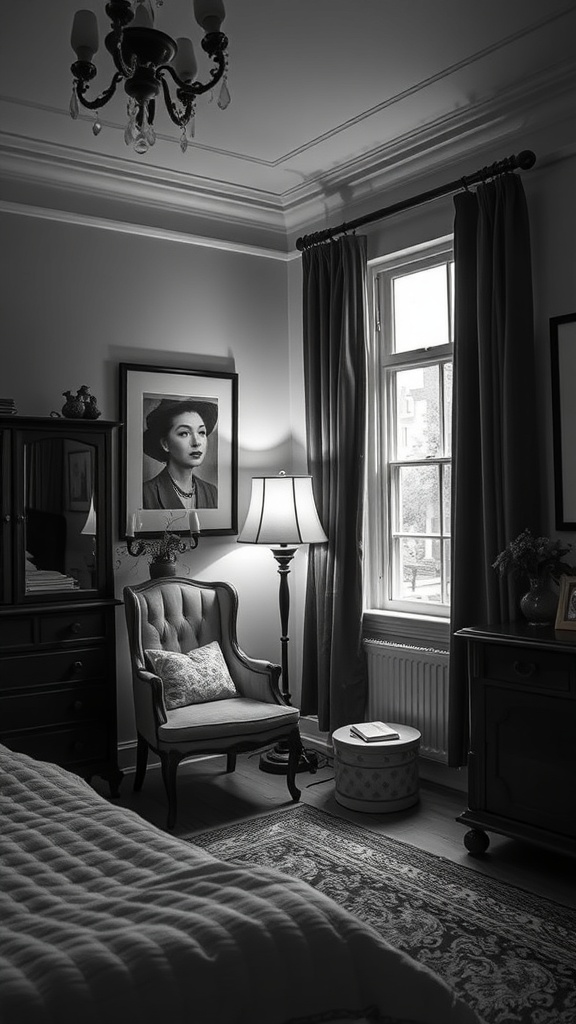 A cozy reading nook in a black and white bedroom featuring a classic chair, lamp, and decorative elements.
