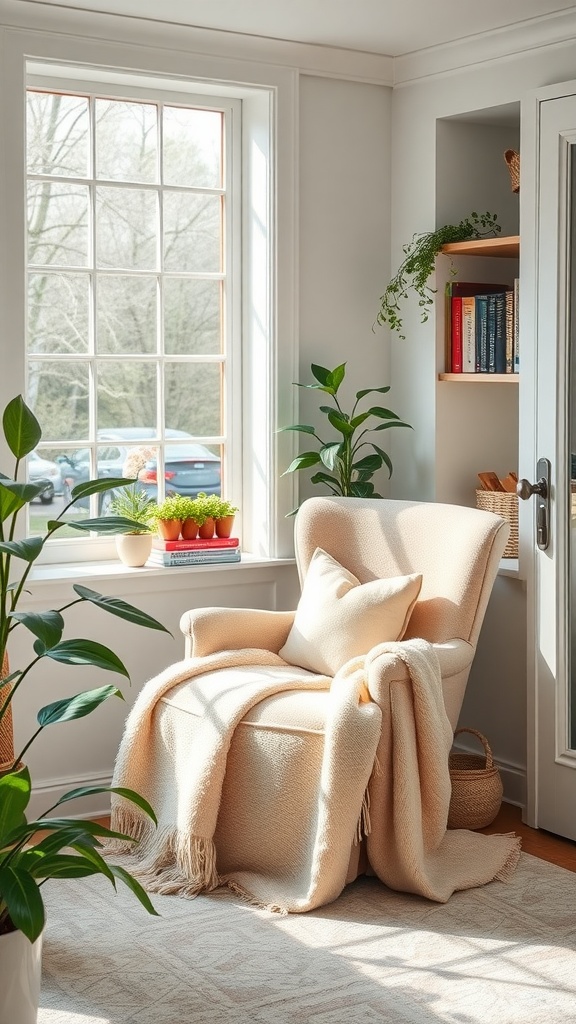 A cozy reading nook in a sunroom featuring a comfy chair, a blanket, plants, and a bookshelf.