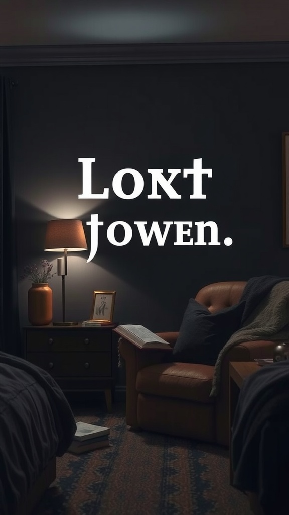 Cozy reading nook with soft lighting, featuring a leather chair, a lamp, and an open book.