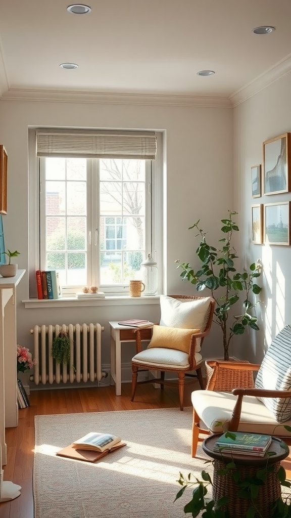 Cozy all-season room with a view of nature, featuring comfortable seating, plants, and books.