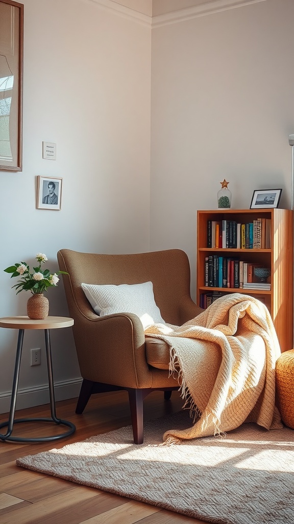 Cozy living room nook with an armchair, blanket, plant, and bookshelf