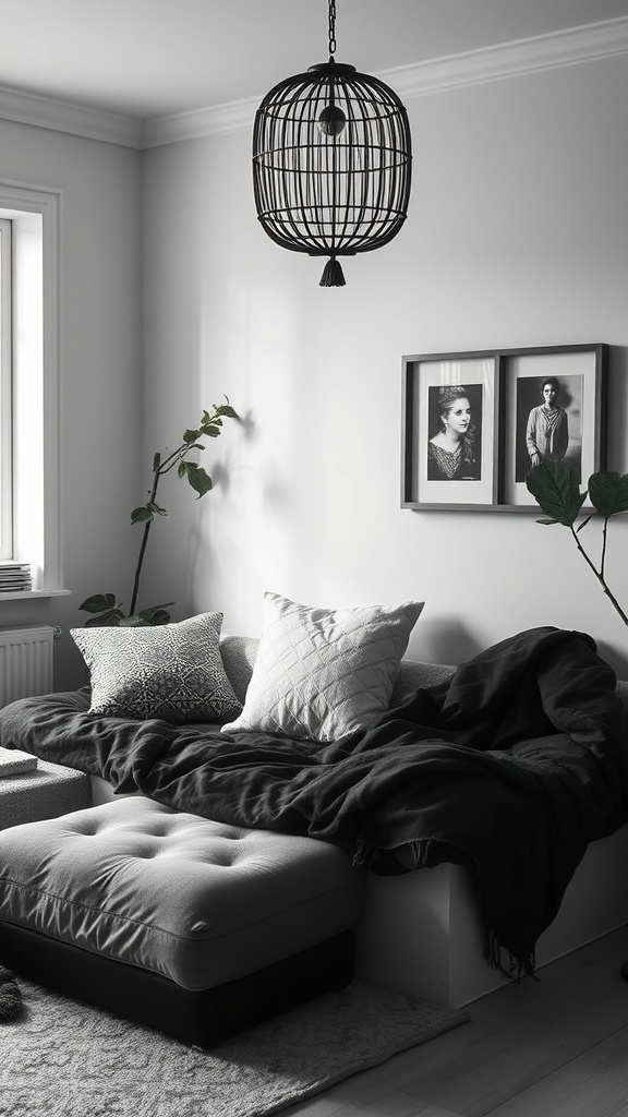 Cozy black and white bedroom with a couch, pillows, and plants