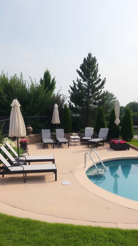 A sunny pool area with orange lounge chairs, umbrellas, and lush greenery.