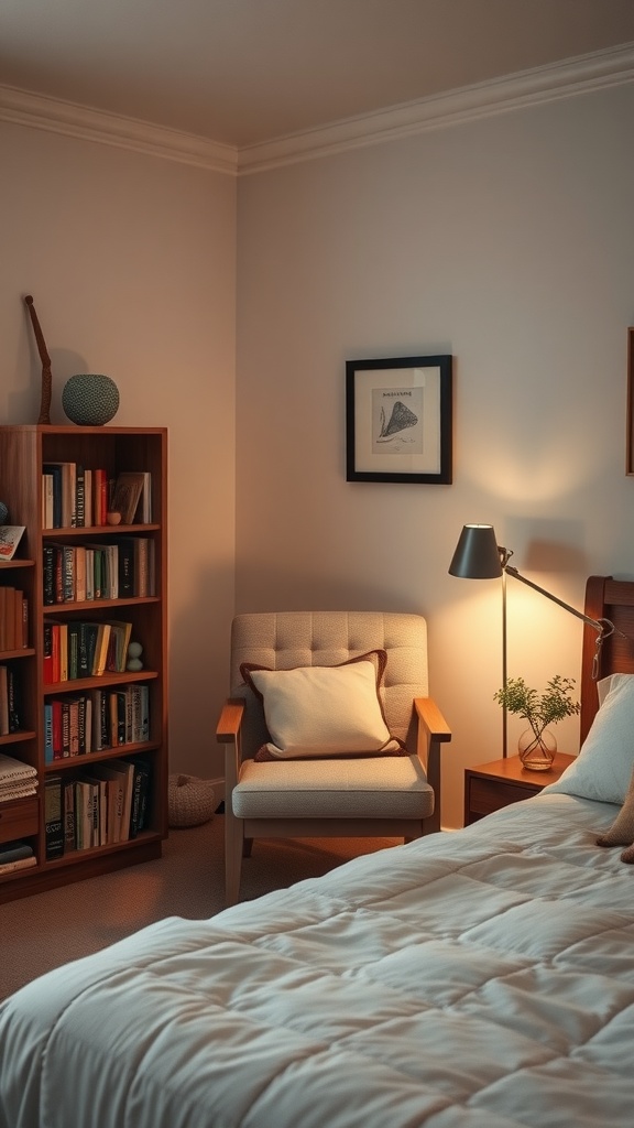 Cozy reading nook in a bedroom with a chair, bookshelf, and warm lighting.