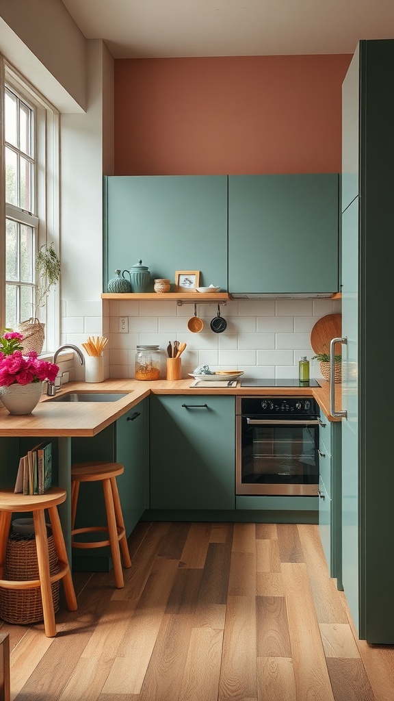A cozy small kitchen featuring teal cabinets and warm wooden flooring.