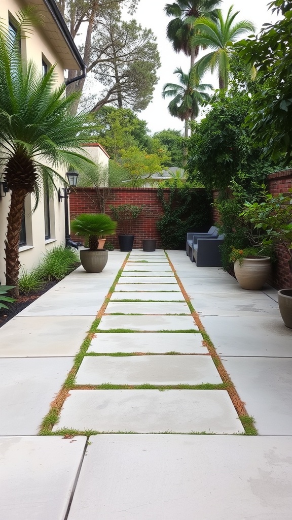 Concrete walkway with grass between slabs, leading to a garden area with plants and seating.