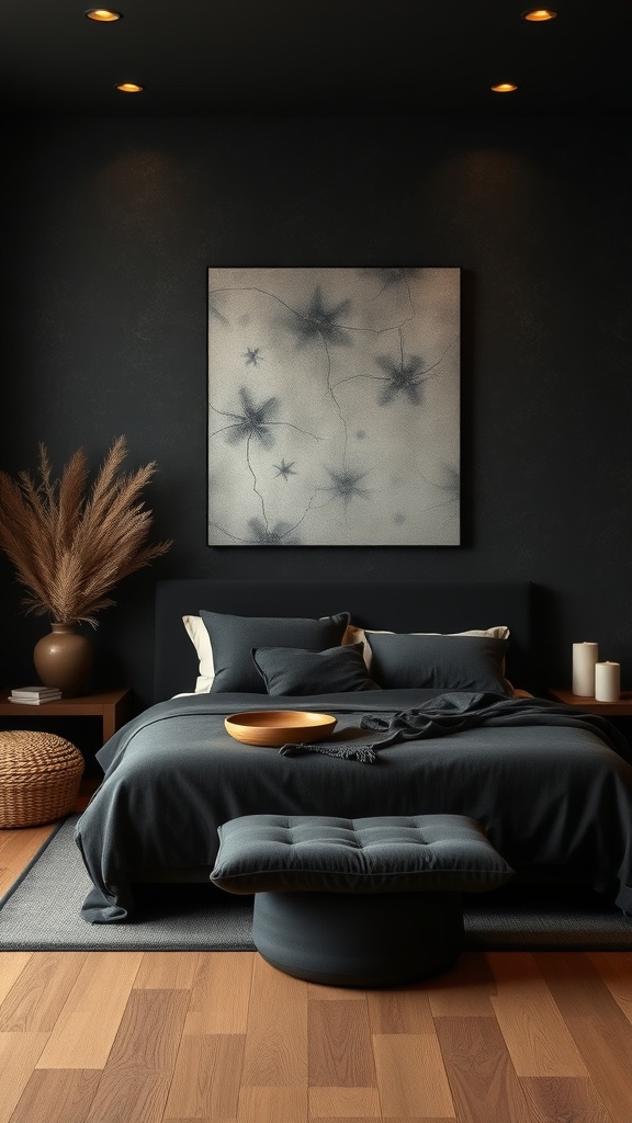 A cozy bedroom with black walls, dark bedding, and warm brown accents, featuring natural elements for a spa-like atmosphere.