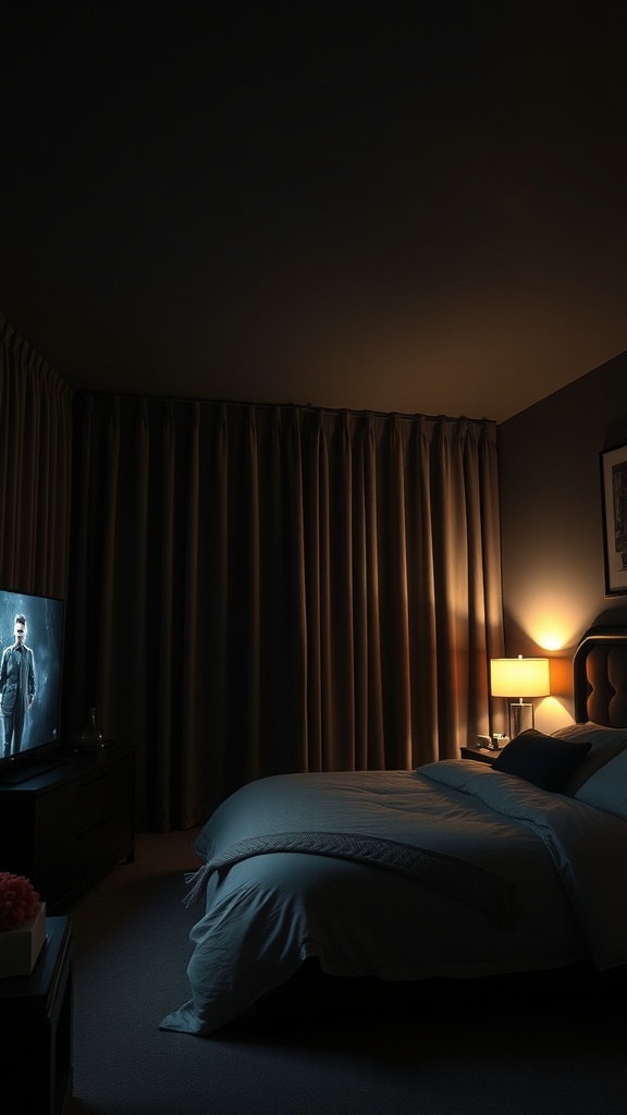 A cozy bedroom with blackout curtains, a bed, and a TV, creating a theater-like atmosphere.