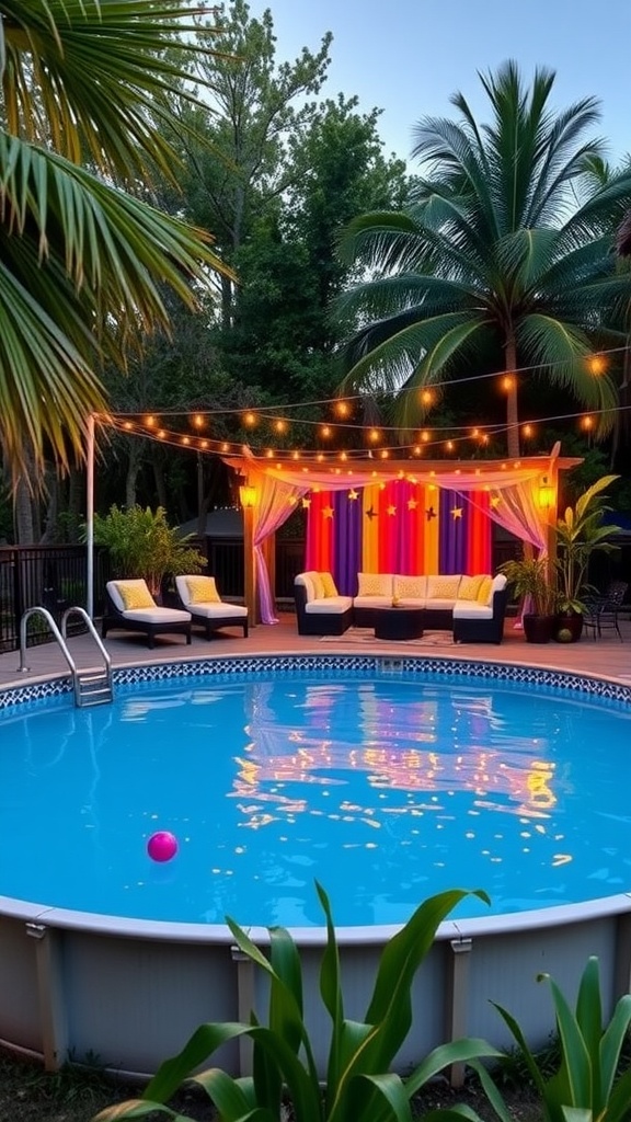A vibrant above-ground pool with a colorful backdrop, cozy seating, and string lights, surrounded by lush greenery.