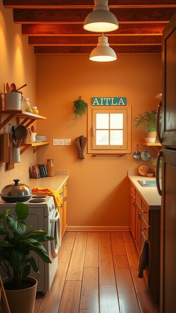 A small cozy kitchen with warm peach walls, wooden accents, and green plants.