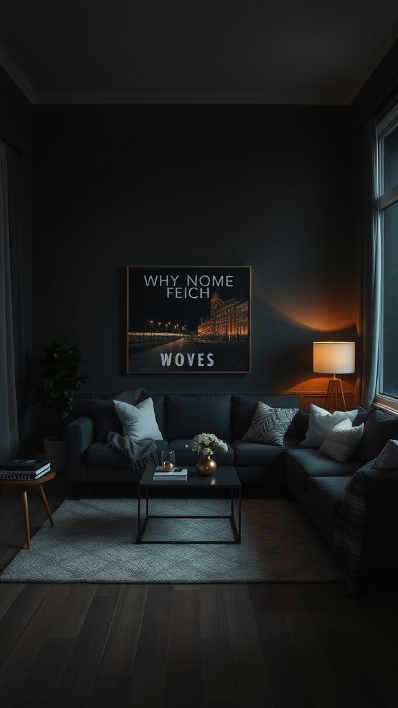 A dark living room featuring a cozy couch, warm lighting, and artistic decor.