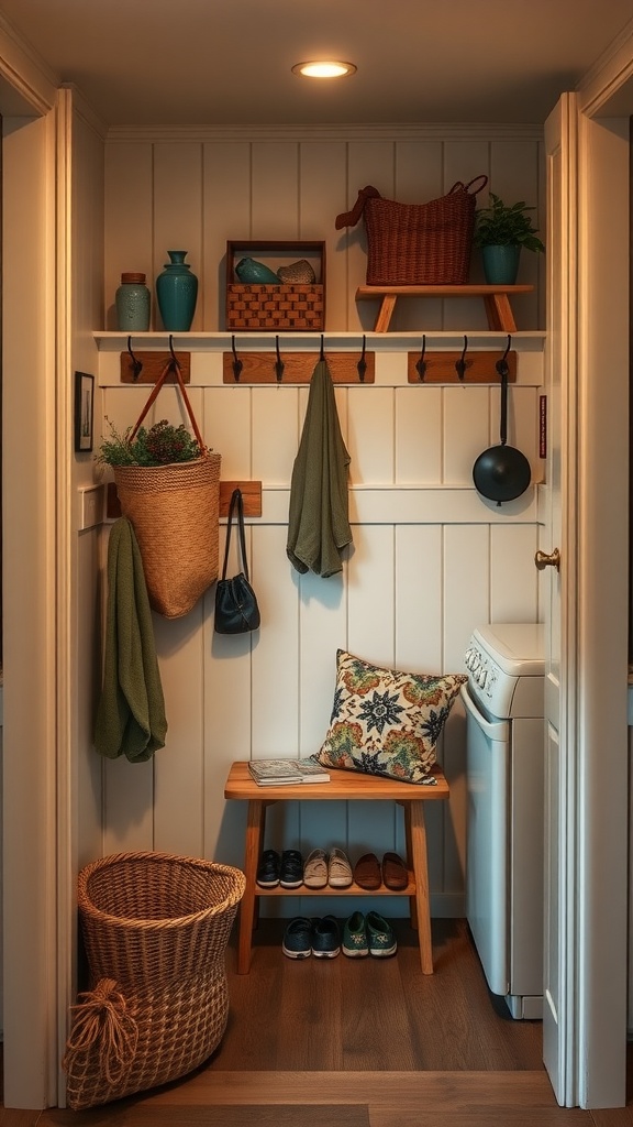 Small cozy kitchen entryway with hooks, a bench, and decorative items.