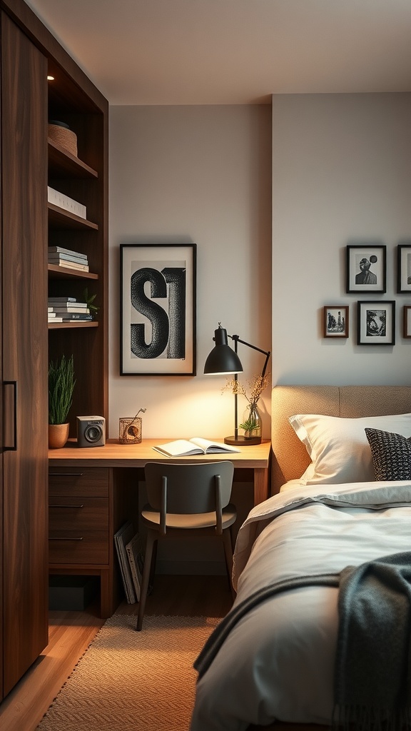 A small bedroom workspace featuring a wooden desk, modern lamp, and built-in shelves with plants and framed pictures.